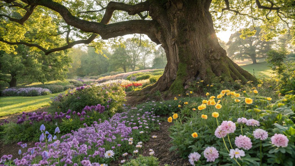 floral gardens surrounding trees