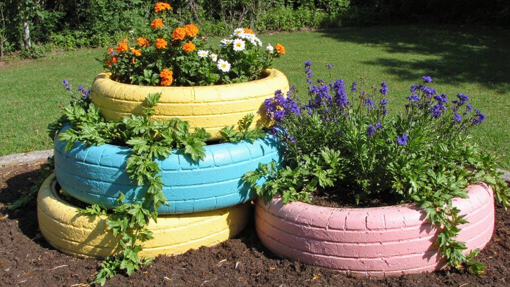 colorful tiered tire planters