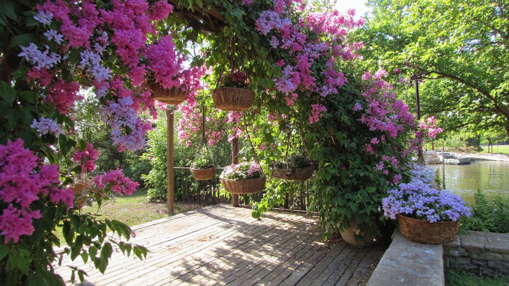 hanging baskets with bougainvillea