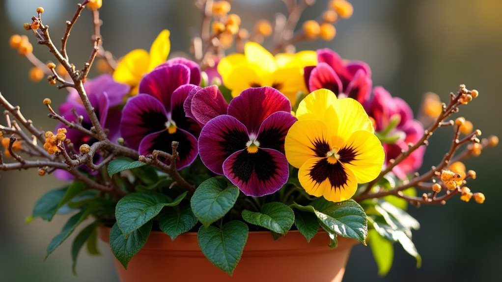 pansies and decorative branches