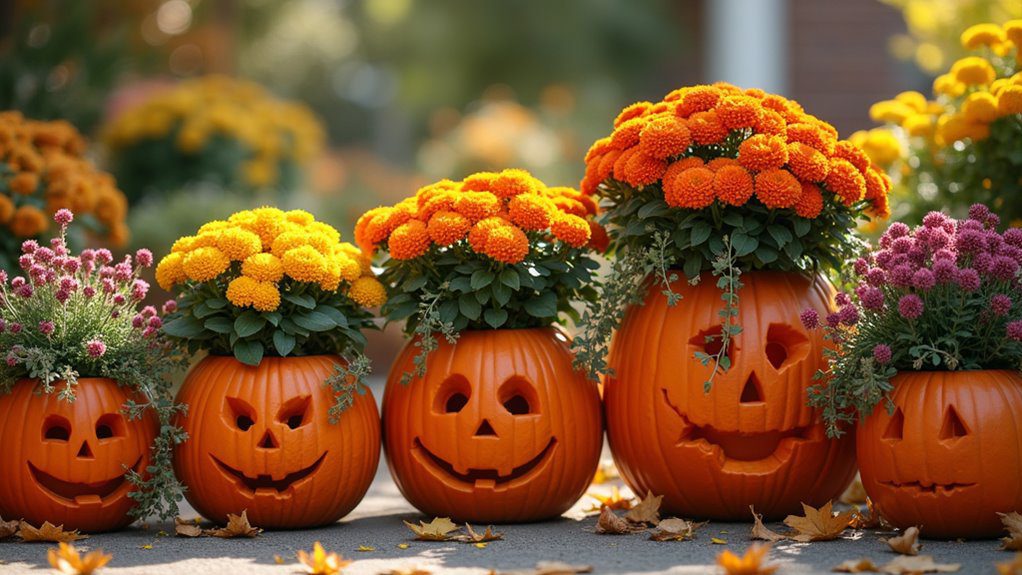 pumpkin planters with blooms