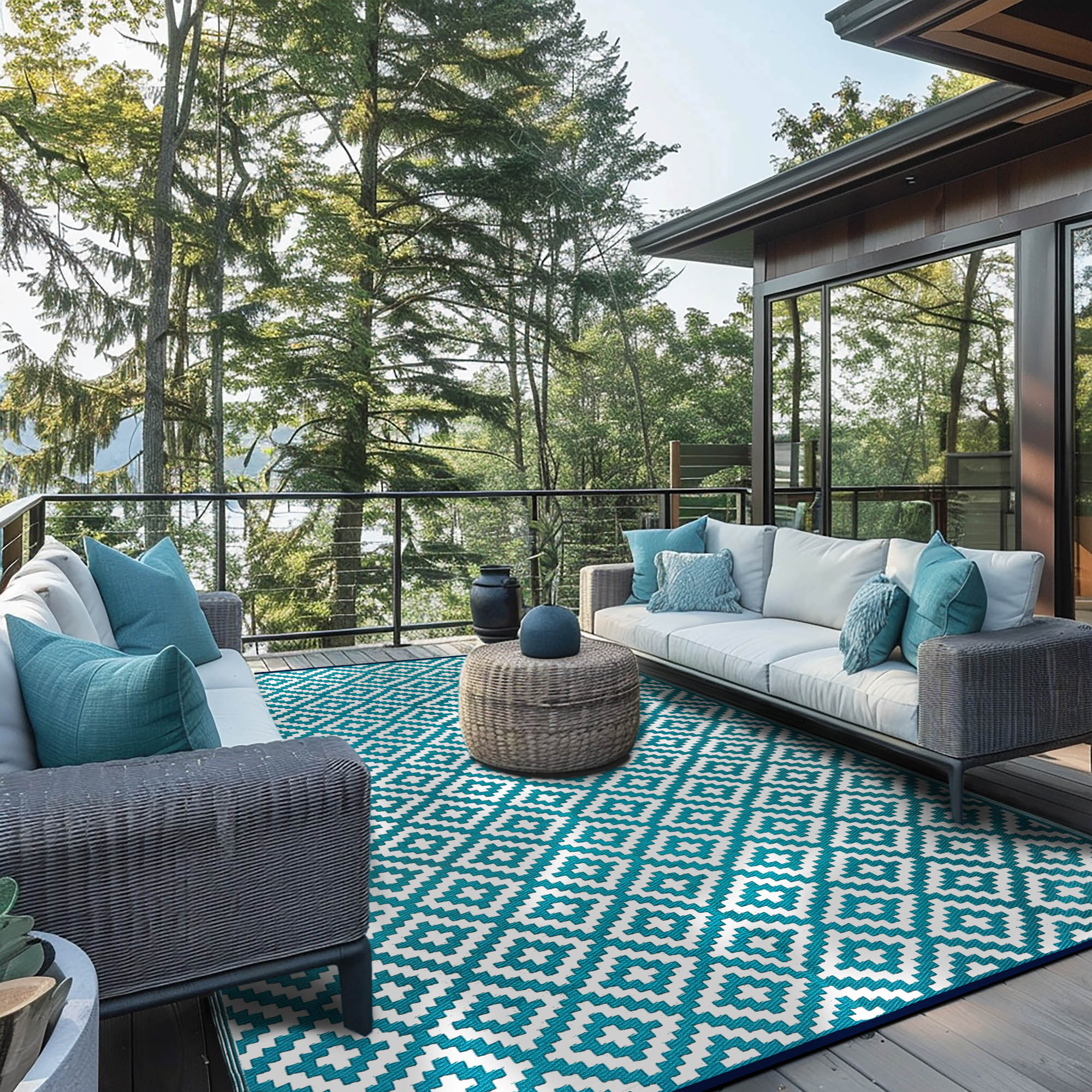 Reversible Outdoor Plastic Rug | Teal & White Geometric | Patio Decore