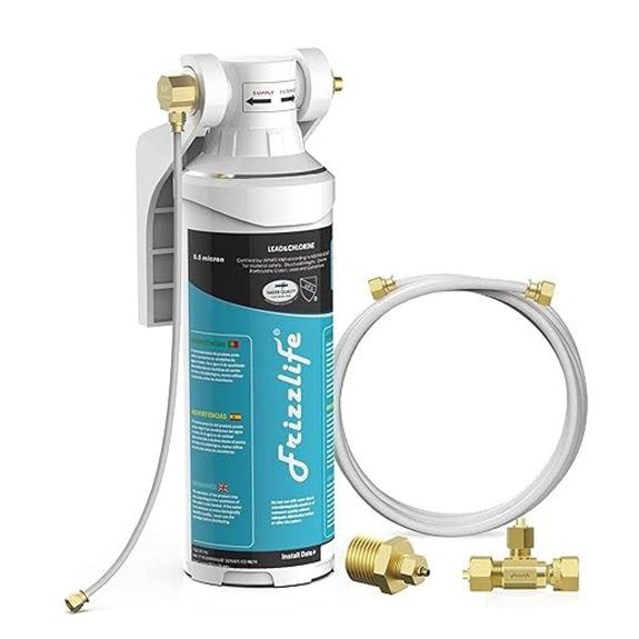 Frizzlife Inline Water Filter System for Fridge Ice Maker Under Sink Certified 0.5 Micron Reduces Chlorine Lead Long Lasting Compression Brass Fittings Fits for Copper Tubing MS99