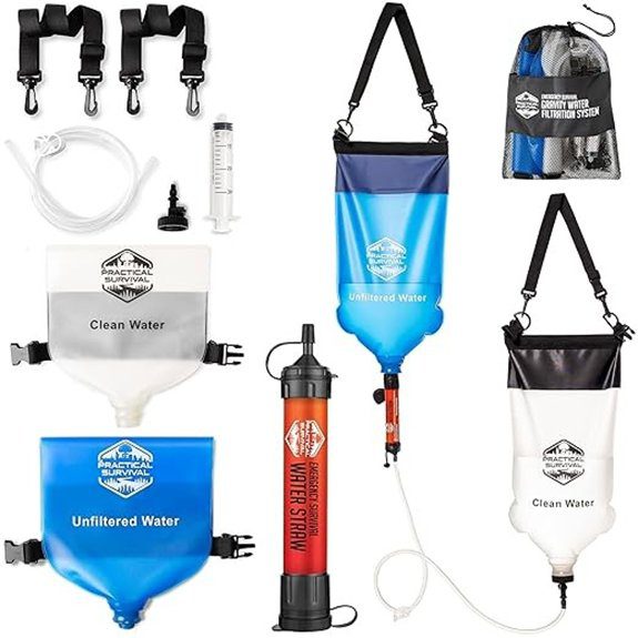 Gravity Water Filtration System – 2 High Capacity Lightweight Hanging Bags for Backpacking Camping Survival Hiking Hunting - Dirty Clean Water Bags Water Filter and Cleaning Plunger Included