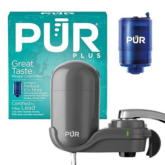PUR Plus Vertical Faucet-Mount Water Filtration System Lead-Reducing Filter Easy Installation 100-Gallon Capacity Compatible with External Aerators Grey