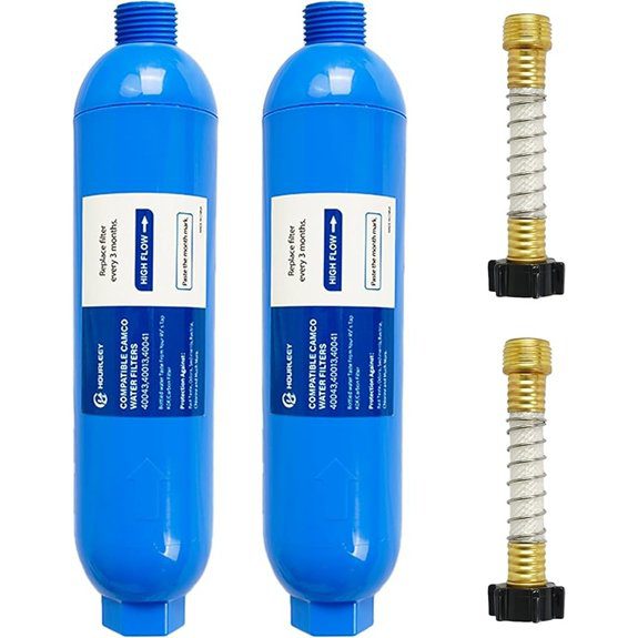 Hourleey 2 Pack RV Inline Water Filter with 2 Flexible Hose Protector Reduce Bad Taste Odors Rust Fluoride Chlorine and Sediment in Drinking Water Dedicated for RVs Campers Marines