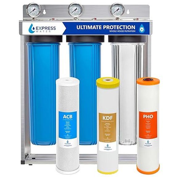 Express Water 3-Stage Whole House Water Filter System Reduces Heavy Metals Scale Chloramine Chlorine PFAs Lead & Arsenic Free-standing Stainless Steel Frame & 3 Pressure Gauges